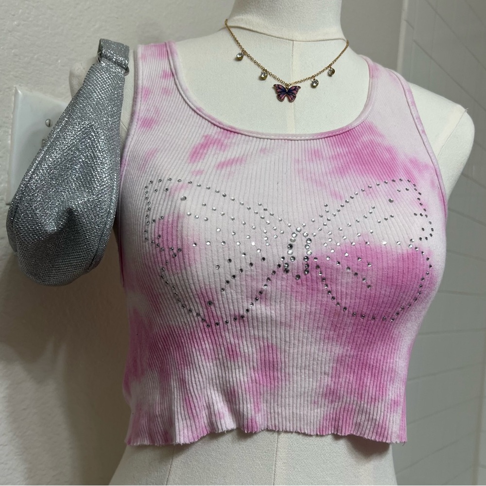 Pink white sparkly bedazzled butterfly tiedye crop tank top cottage fairy girly